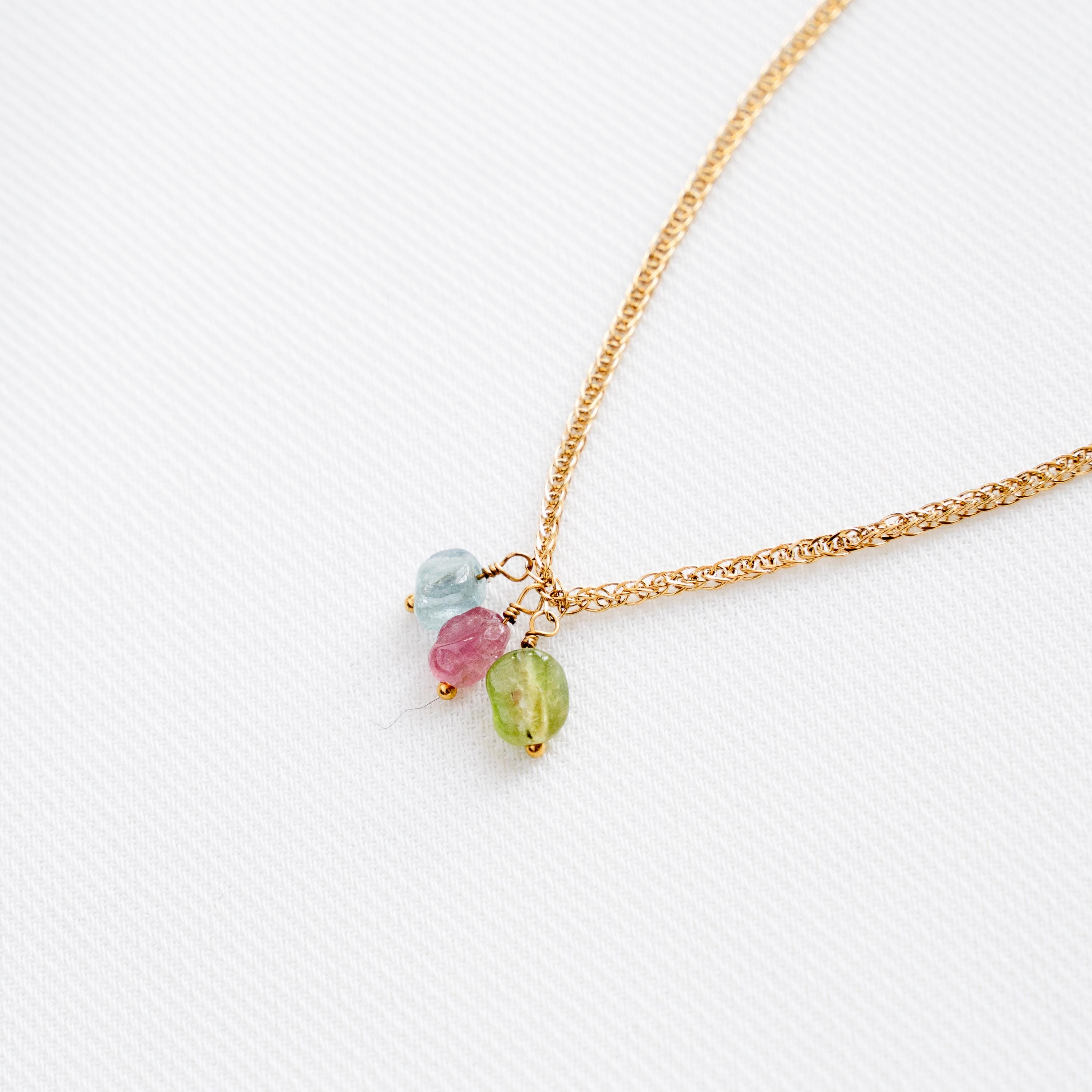 Collier pendentifs pierre naturelle tourmaline rose verte bleu / Collier femme chaine acier inoxydable doré