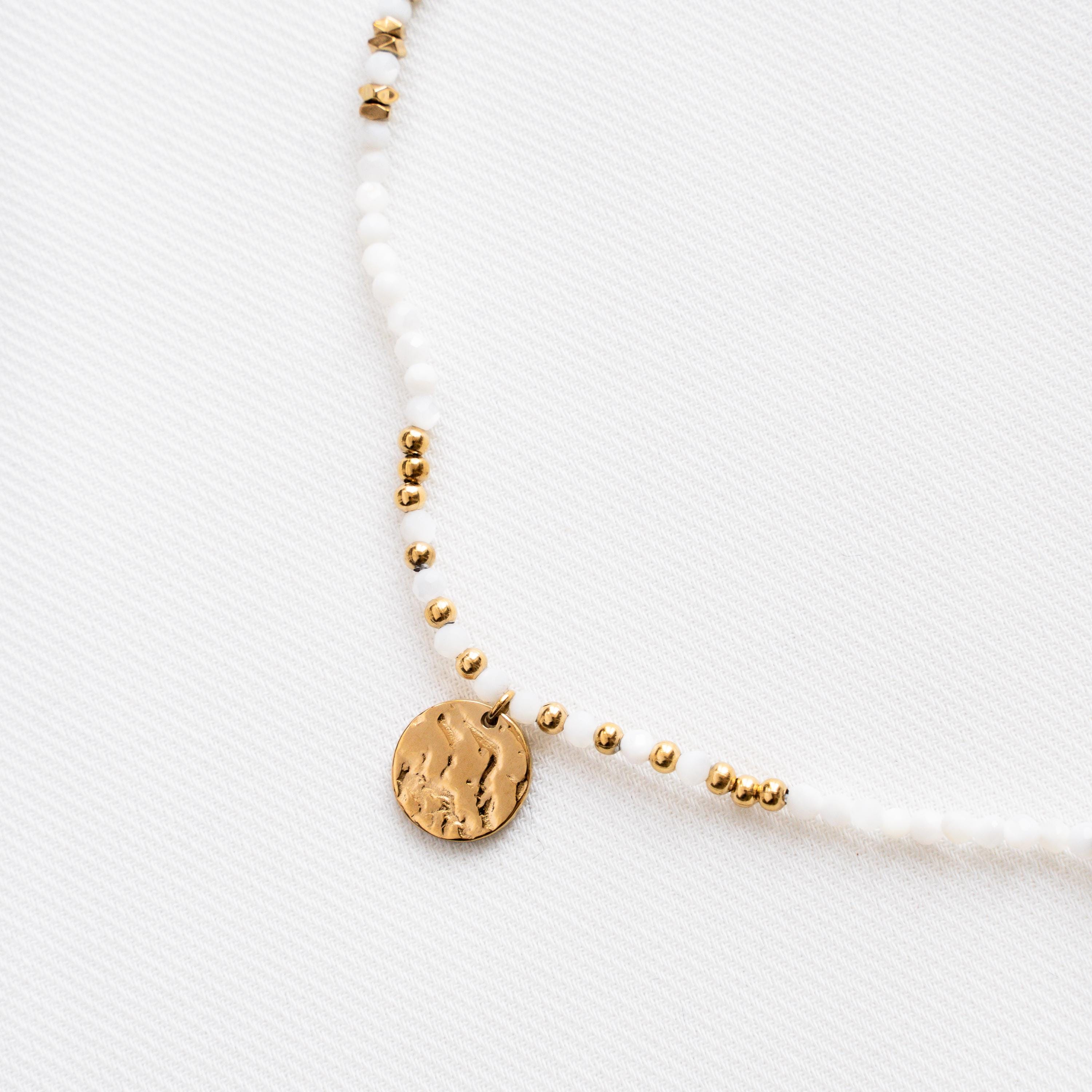 Collier pierre naturelle agate blanche / Collier femme perles blanches pendentif rond acier inoxydable