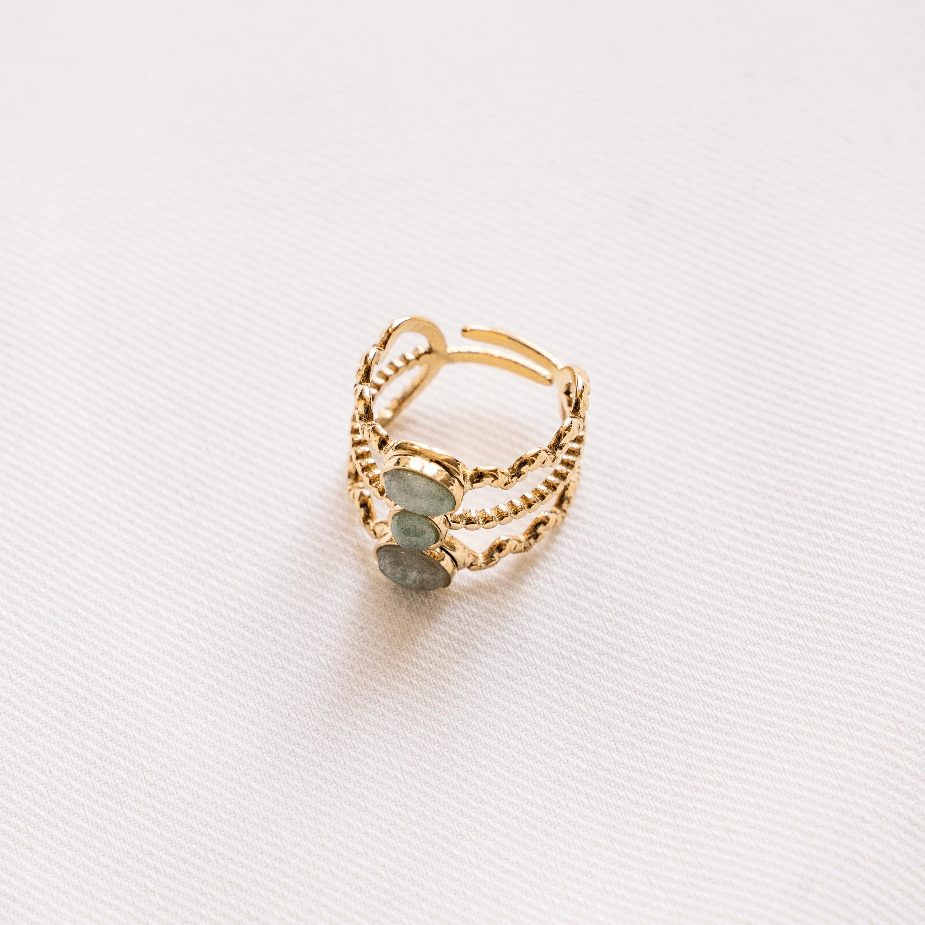Bague femme acier inoxydable pierre naturelle aventurine ovale / bague double réglable dorée water resistant