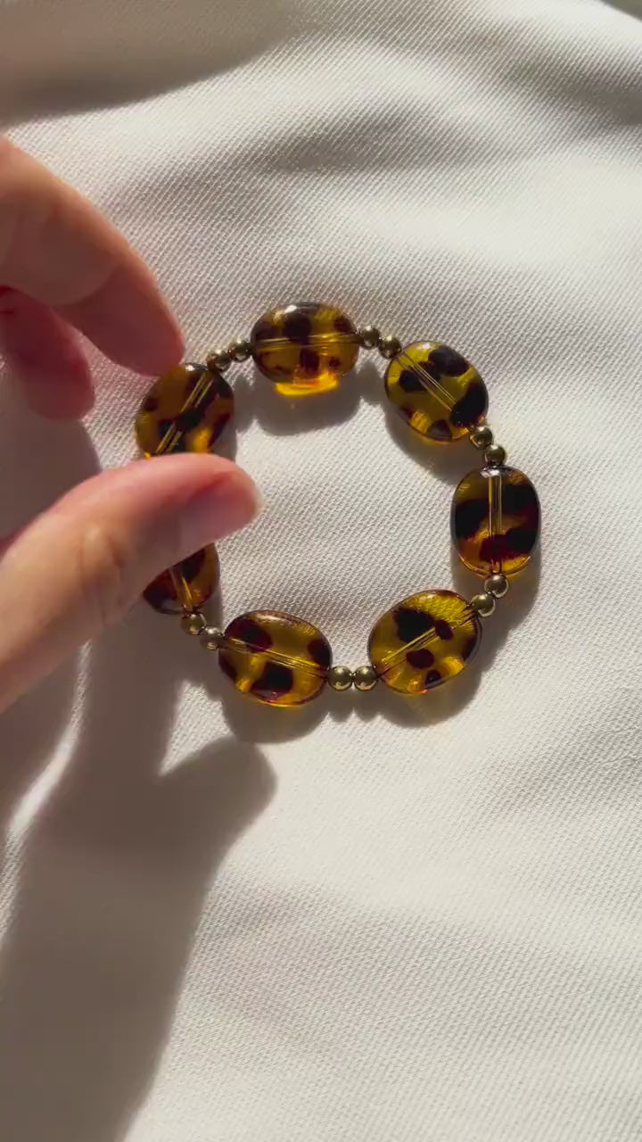 Bracelet en perles ambrées léopard / Bracelet perles marron